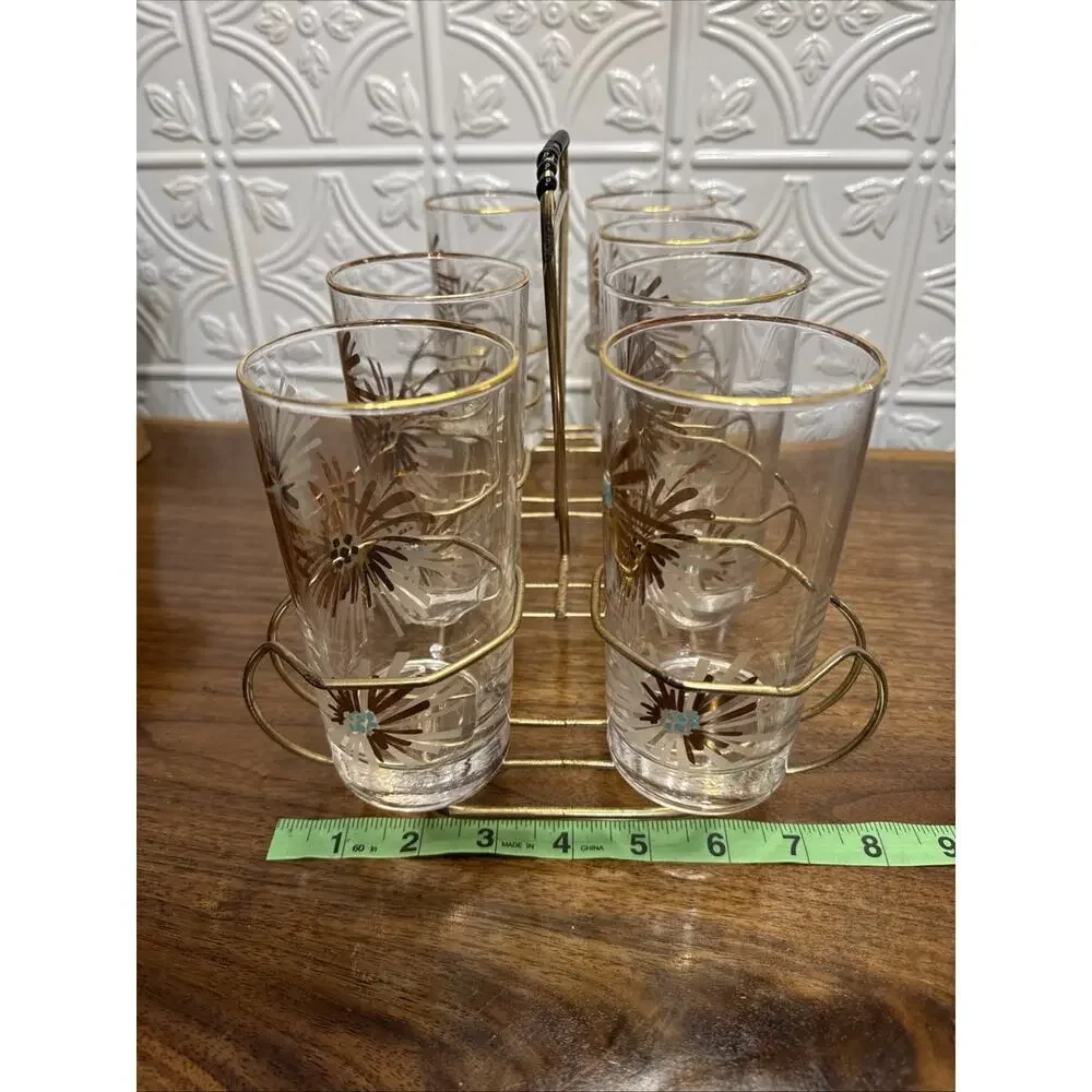 VTG Libbey MCM Party time Atomic Firework Glasses Set Of 7 & Rack Holder